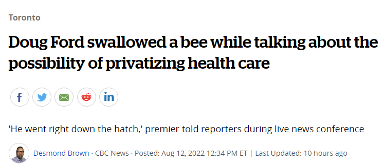 加拿大安大略省长讲话时误吞蜜蜂是怎么回事?